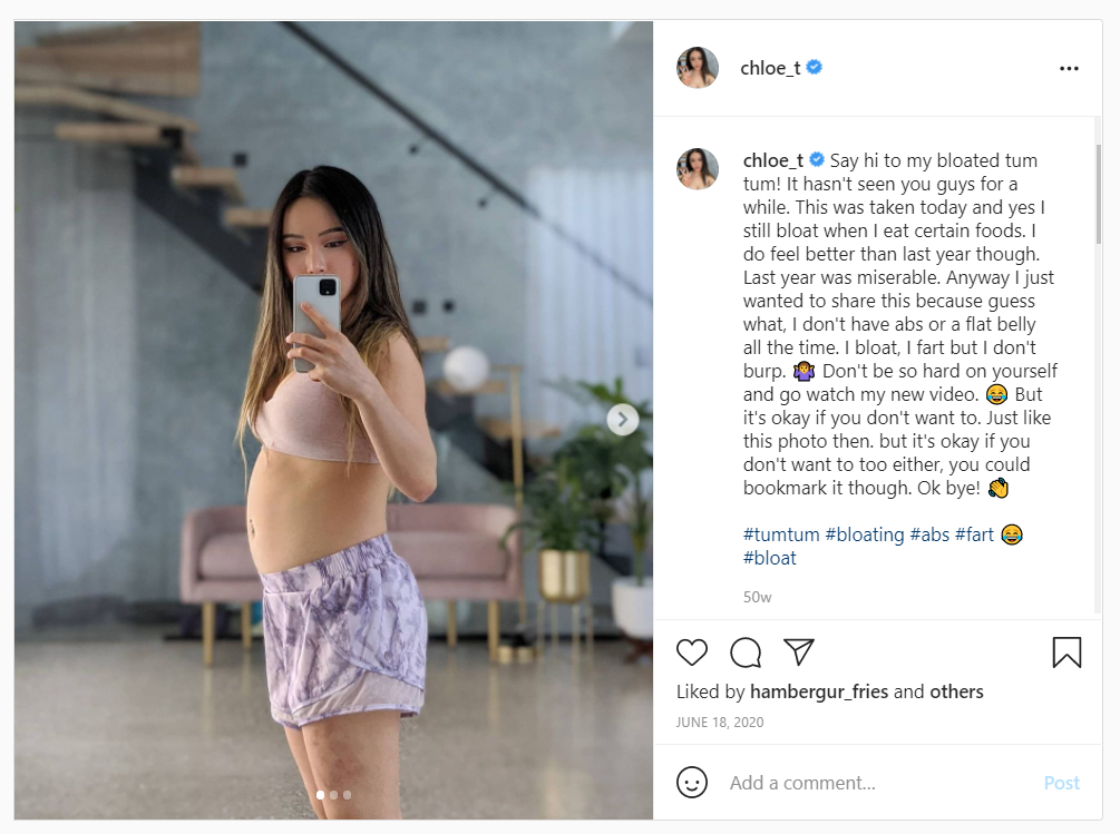 Image shows Chloe's post about normal human body feature for her women-dominated target market